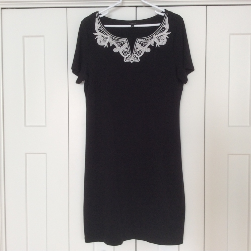 Talbots Black Dress White Embroidered Neckline - L